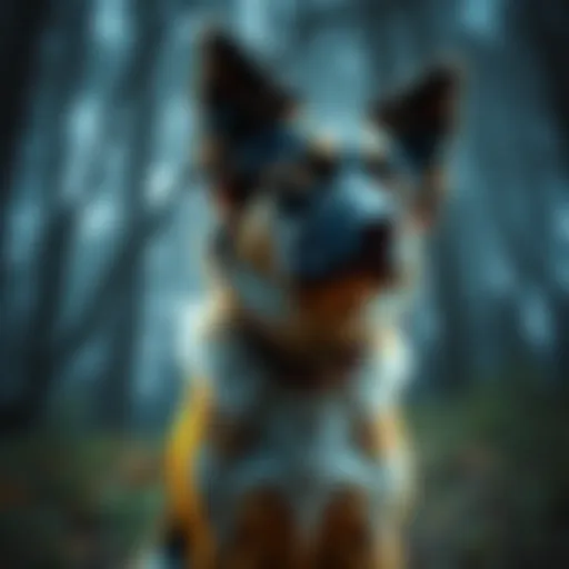 A loving dog with glowing eyes, embodying a dual nature of warmth and darkness, stands in a forest setting, symbolizing the conflict within