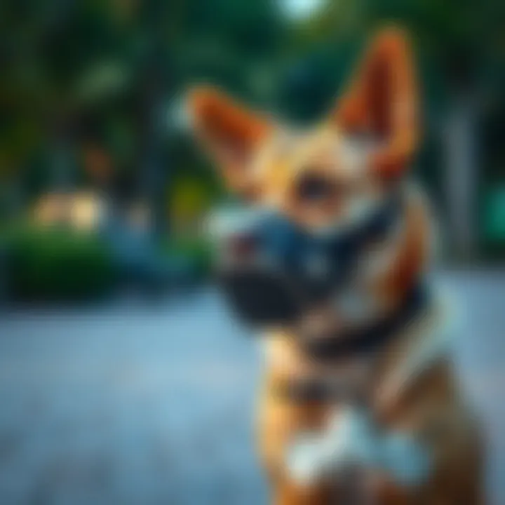 A dog wearing a muzzle, appearing focused and alert, sitting in a park setting