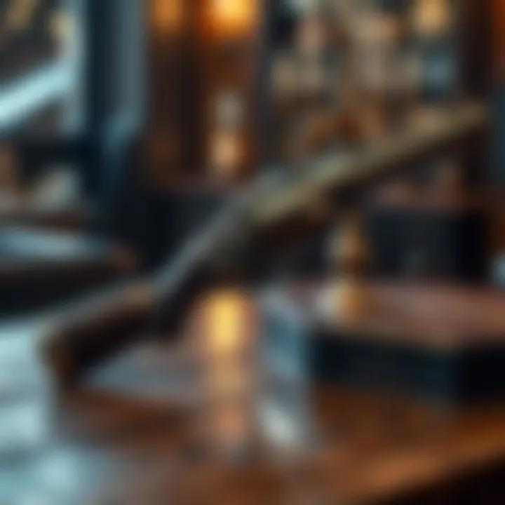 A dolabra gun resting on a wooden table, showcasing its design and features, with a hint of wear that tells its story.