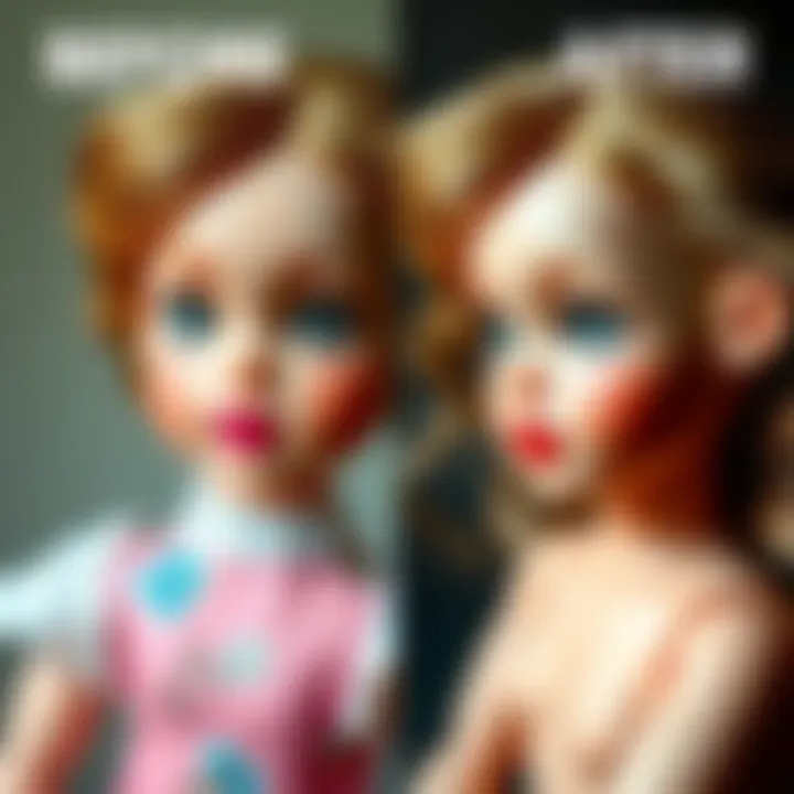 Before and after images of a doll makeover using acrylic paint