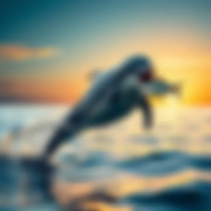 A dolphin leaps out of the water, executing a perfect trickshot with a fish in its mouth.