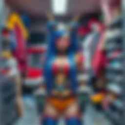 Cosplayer dressed as Domina in a garage setting, showcasing colorful clothing and creative accessories.