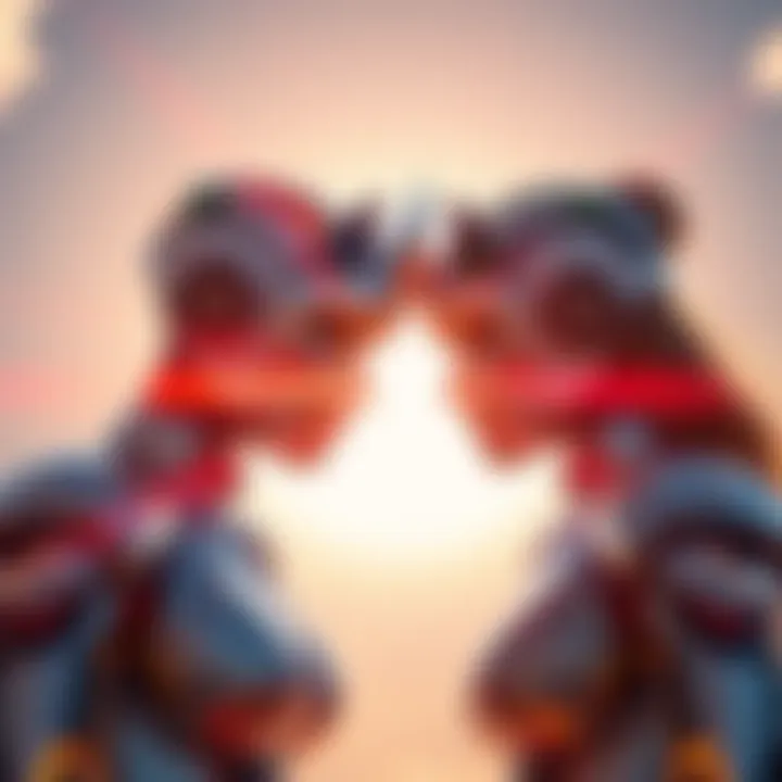 A dramatic face-off between Domina and a bright representation of hard light technology against a sunny backdrop.