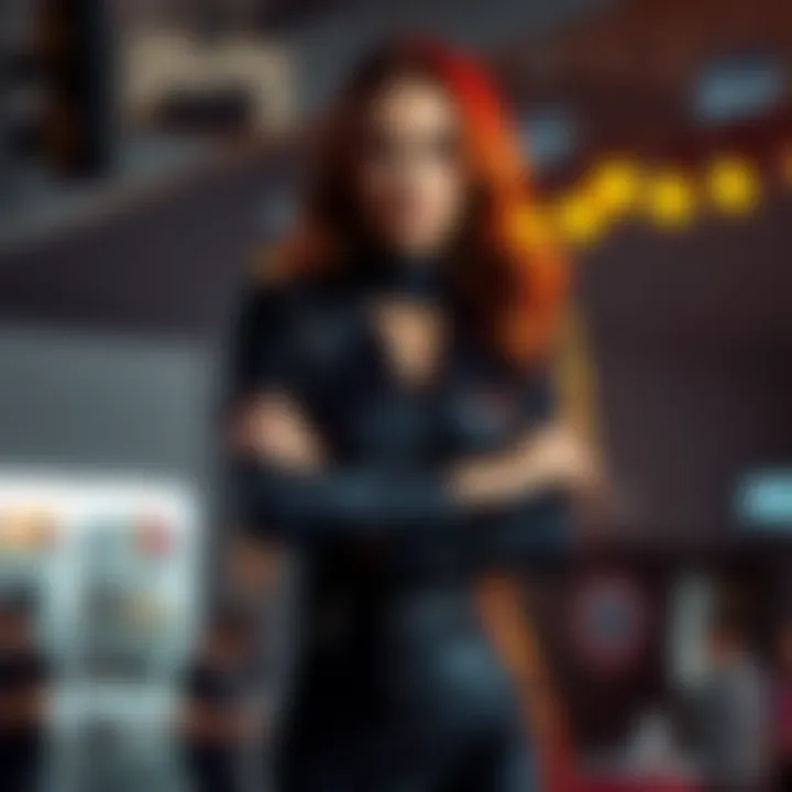 A confident woman dressed in black leather, standing with arms crossed, embodying the concept of dominance in Polish culture.