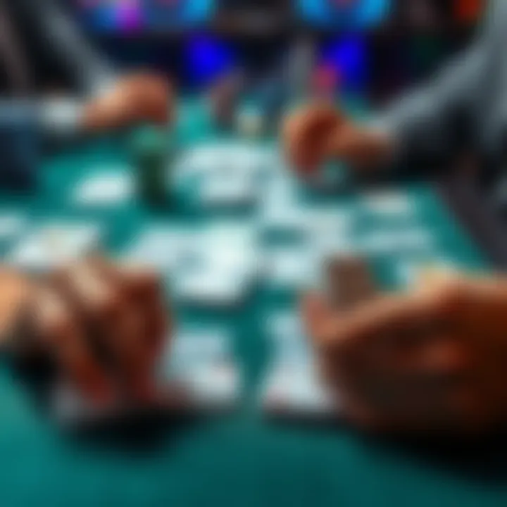 Close-up of Domino and Quicksilver playing cards laid out on a table with hands preparing to play