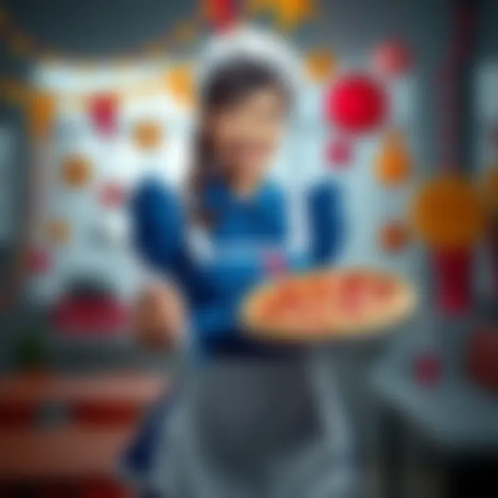 A cheerful person dressed in a Domino's uniform, holding a pizza and a cleaning tool, surrounded by fun decorations