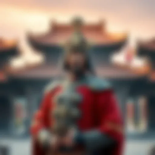 A historical figure dressed in traditional armor, symbolizing power and authority, standing in front of a backdrop of ancient Chinese architecture.