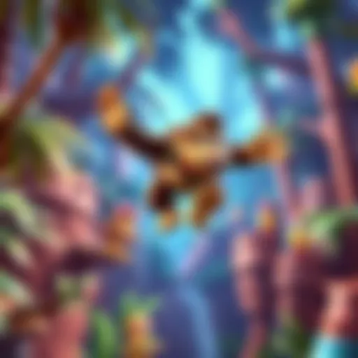 A screenshot showing Donkey Kong jumping in a colorful jungle environment with friends in the game Donkey Kong 64 on Nintendo Switch Online.