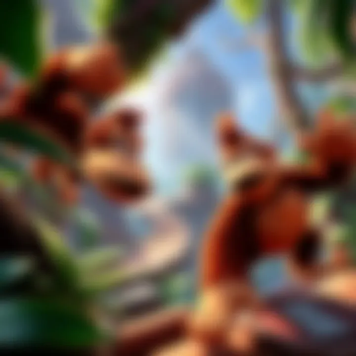 Gameplay scene featuring Donkey Kong and Diddy Kong in a colorful jungle level from the Donkey Kong Country Trilogy on Nintendo Switch.