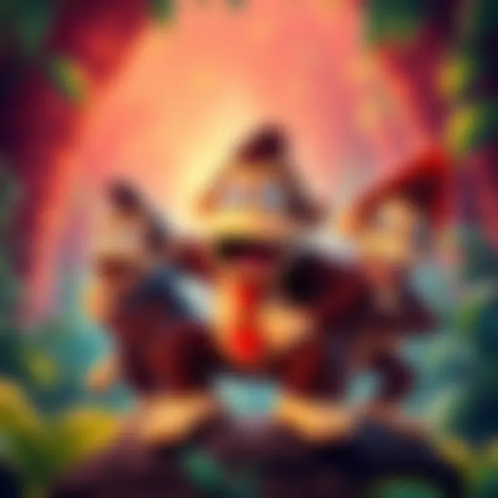 Donkey Kong, Diddy Kong, and Dixie Kong on a vibrant jungle background, representing the three games in the Donkey Kong Country Trilogy.