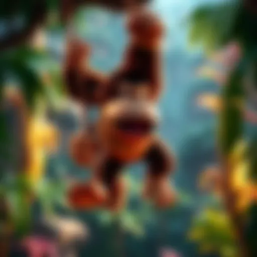 A screenshot of Donkey Kong swinging through a jungle in Donkey Kong 64 on the Nintendo Switch.