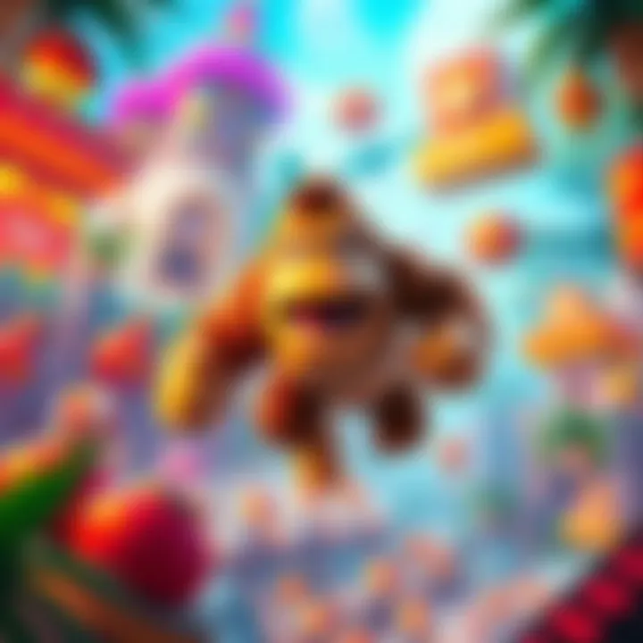A colorful scene from Donkey Kong Bananza featuring the iconic character Donkey Kong in action, surrounded by vibrant game elements and lively backgrounds.