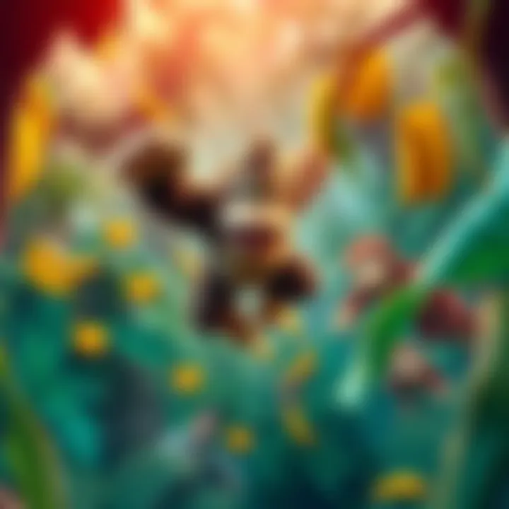 Colorful scene of Donkey Kong jumping through a lush jungle filled with bananas and friendly animals