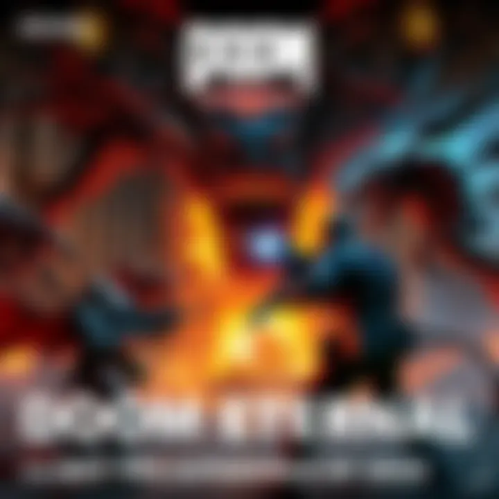 A character battles demons in a fierce fight within Urdak, showcasing intense action in Doom Eternal.