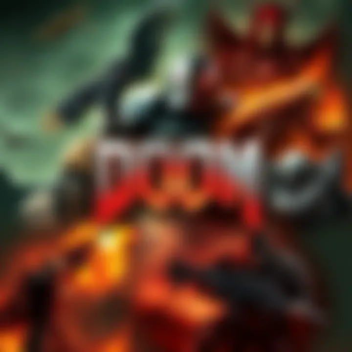A collage featuring iconic characters and scenes from the DOOM games, showcasing intense action moments and dark environments.