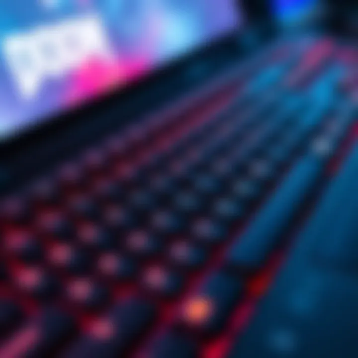 Close-up of a gaming keyboard highlighting keybinds for Doom, showing custom settings and layout for PC gameplay.