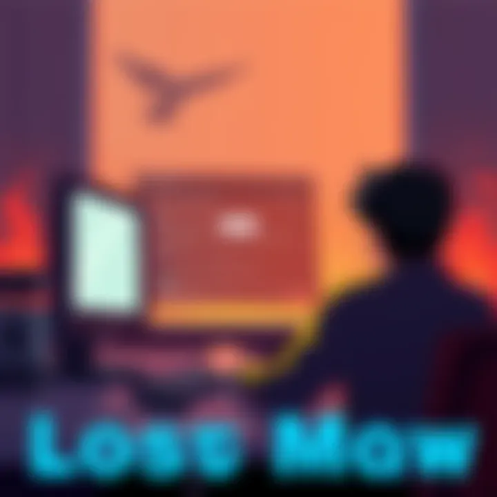 Illustration of DOOM Mod Search A person sitting at a computer, looking frustrated while searching for a DOOM mod with dead links on the screen and a forum open in the background