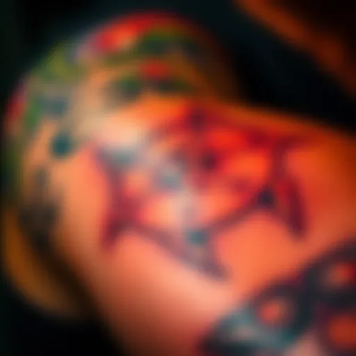 Close-up of a tattoo featuring the mark of the slayer from Doom on a person's arm