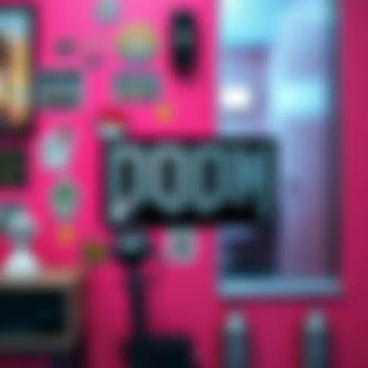 A pink wall covered in colorful stickers featuring serious Doom 2 graphics, blending playful and nostalgic elements.