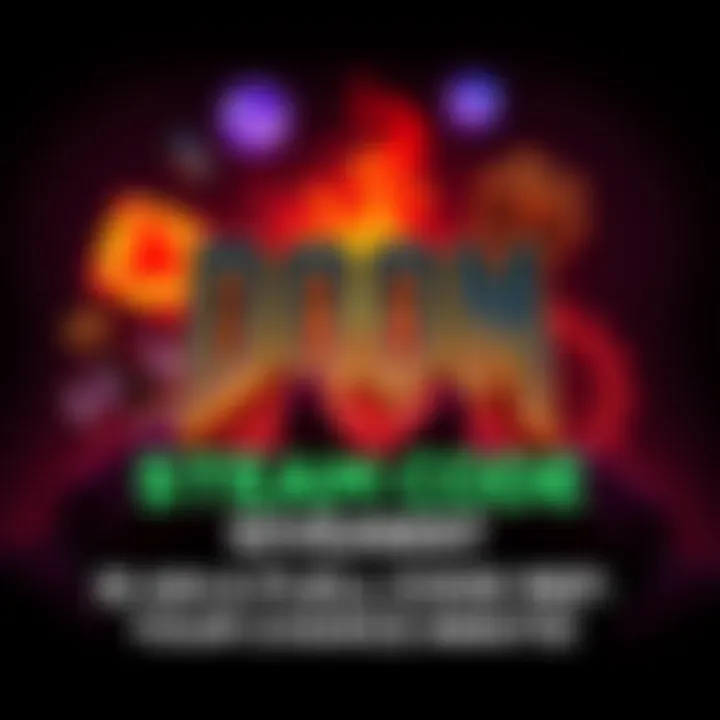 A graphic promoting a giveaway for a Doom 64 Steam code with gaming icons and text