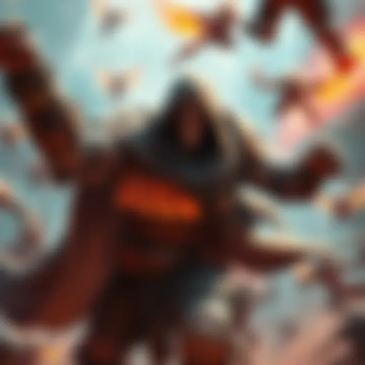 Doom, a character in Overwatch, using his abilities in a dynamic battle scene with flying heroes around him.