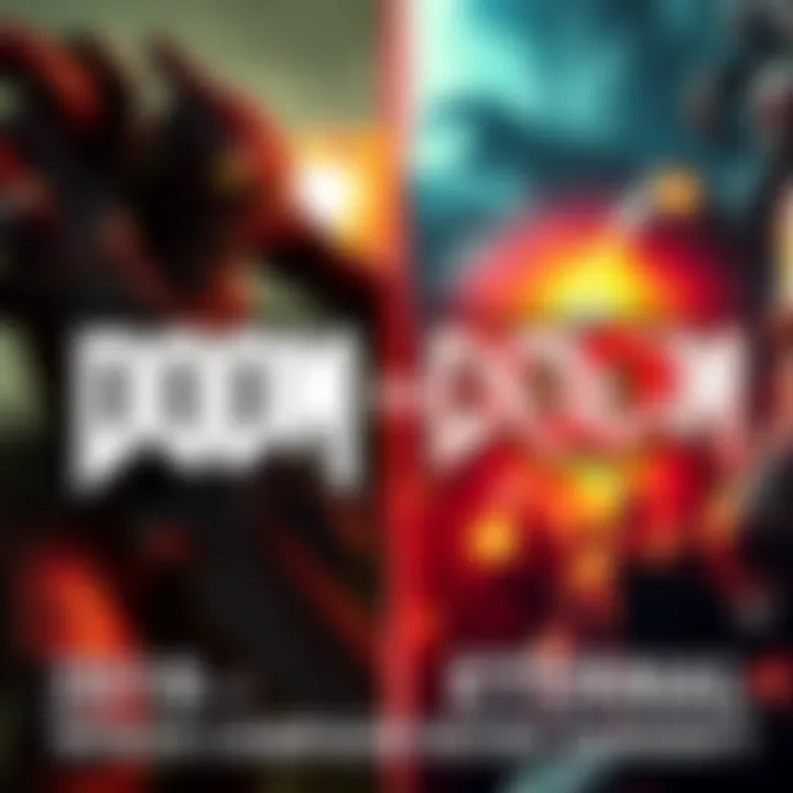 A split image showing scenes from Doom 2016 and Doom Eternal, highlighting action-packed gameplay from both games