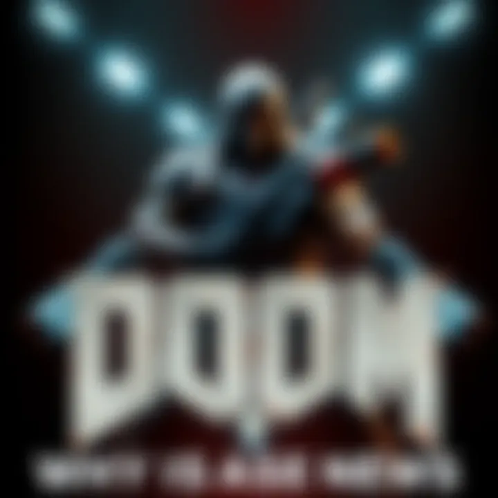 Iconic Doom character in battle pose with futuristic weapons against a dark background