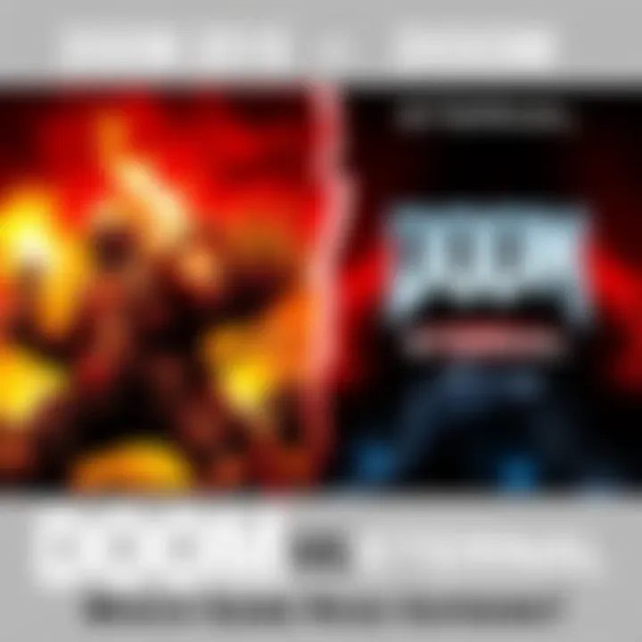 A split image showing scenes from DOOM 2016 on one side and DOOM Eternal on the other, highlighting the different art styles and gameplay elements of each game.