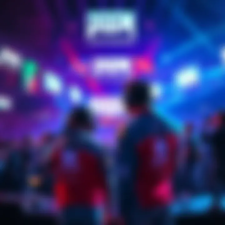Doom Contenders 2026 Two esports players, Guxue and Donghak, face off in a competitive gaming arena, surrounded by cheering fans and vibrant screens.