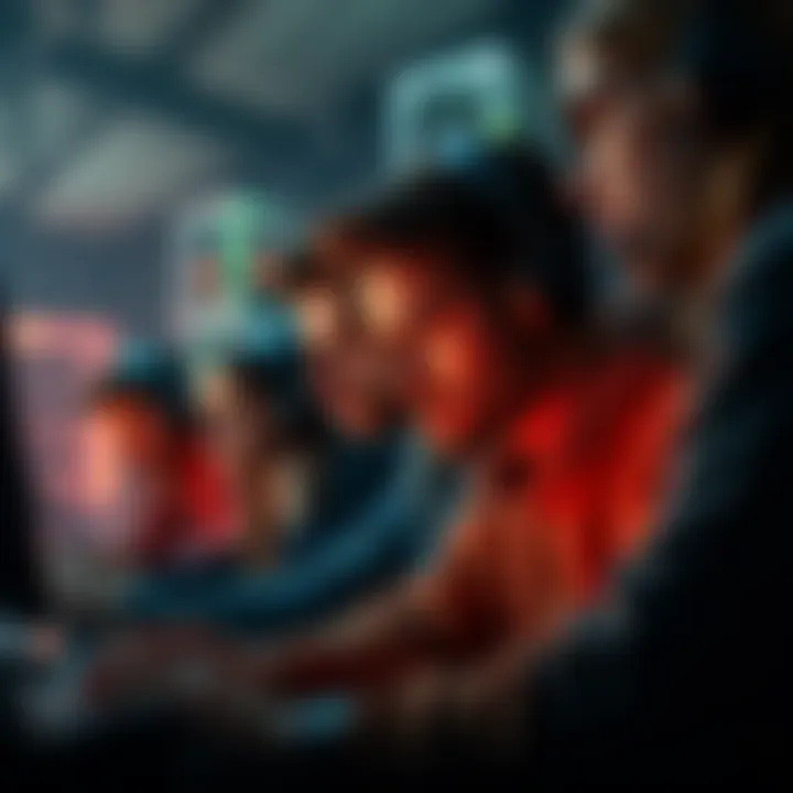 Developers at work on DOOM: The Dark Ages A team of game developers focused on their computers, showing tense expressions as they work through crunch time on DOOM: The Dark Ages.