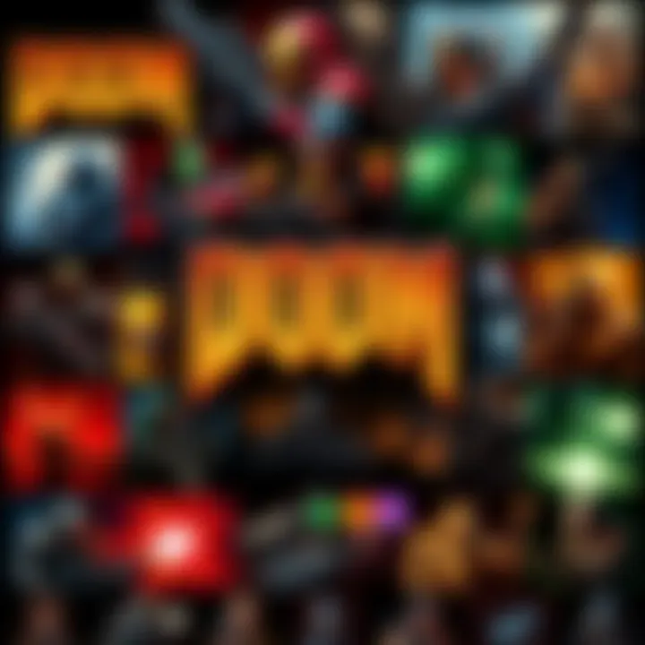 A collage of classic Doom Engine and Id Tech 1 games featuring pixelated graphics and iconic characters like Doom Slayer, showcasing gameplay moments from various titles.