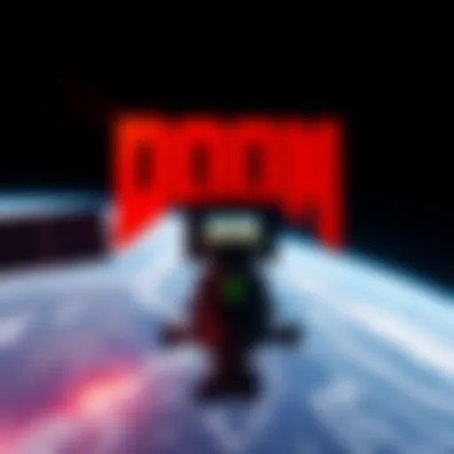 A programmer displays the classic game DOOM running on a European Space Agency satellite in space with Earth in the background.