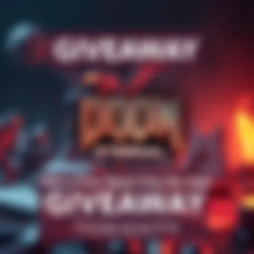 A graphic showing a giveaway event for a free Steam key of Doom Eternal, with gaming elements in the background.