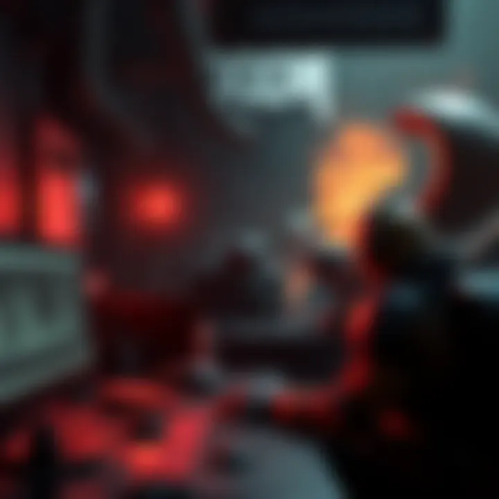 A dark and intense scene depicting the struggles of game developers working late hours to meet deadlines for the DOOM franchise, highlighting stress and fatigue.