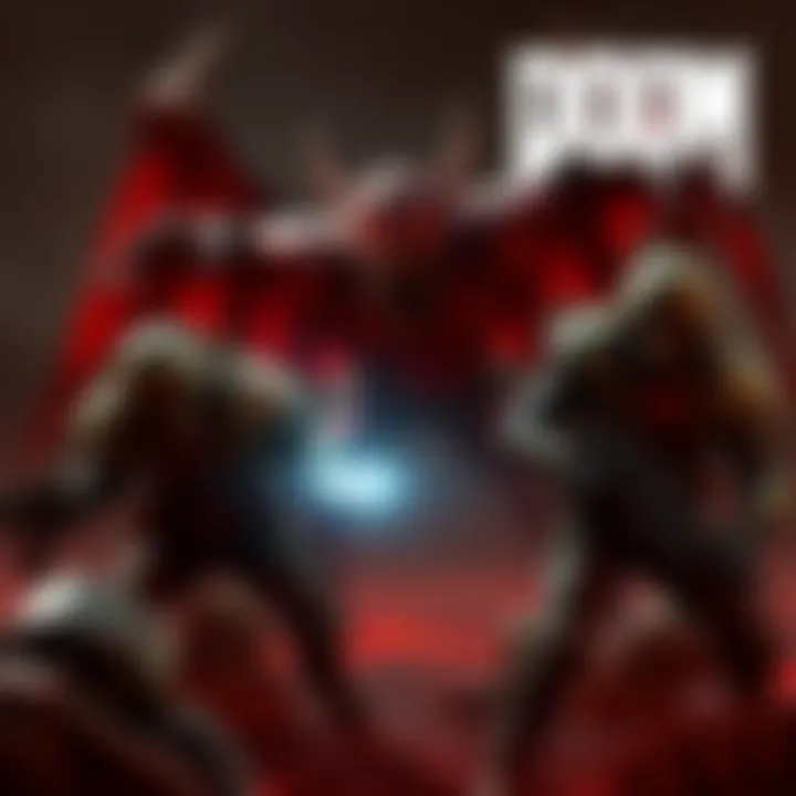 A dramatic scene featuring iconic Doom characters battling demons in a dark and intense environment