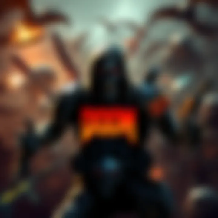 A gamer celebrating 100% completion in Doom, surrounded by game elements like weapons and monsters.