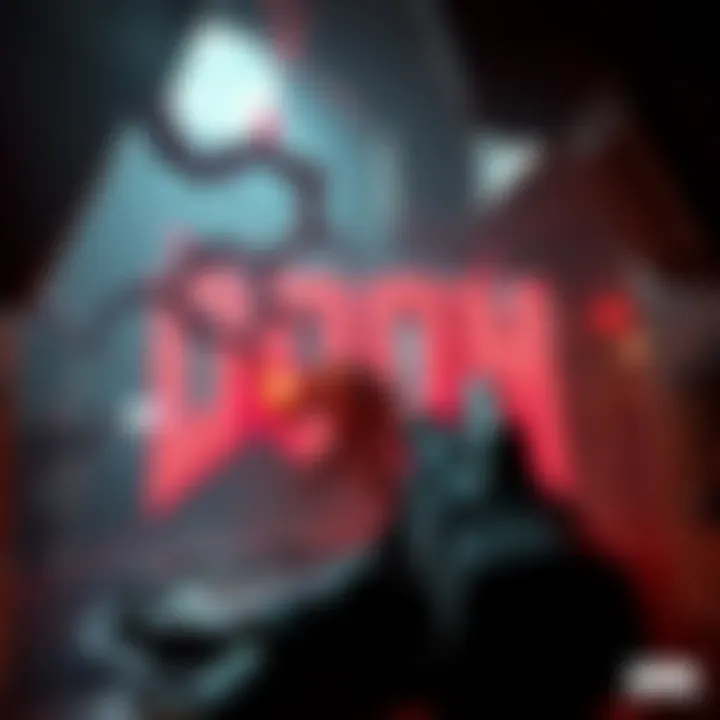 DOOM gameplay scene Action-packed scene from DOOM showing a player fighting demons in a dark, sci-fi environment