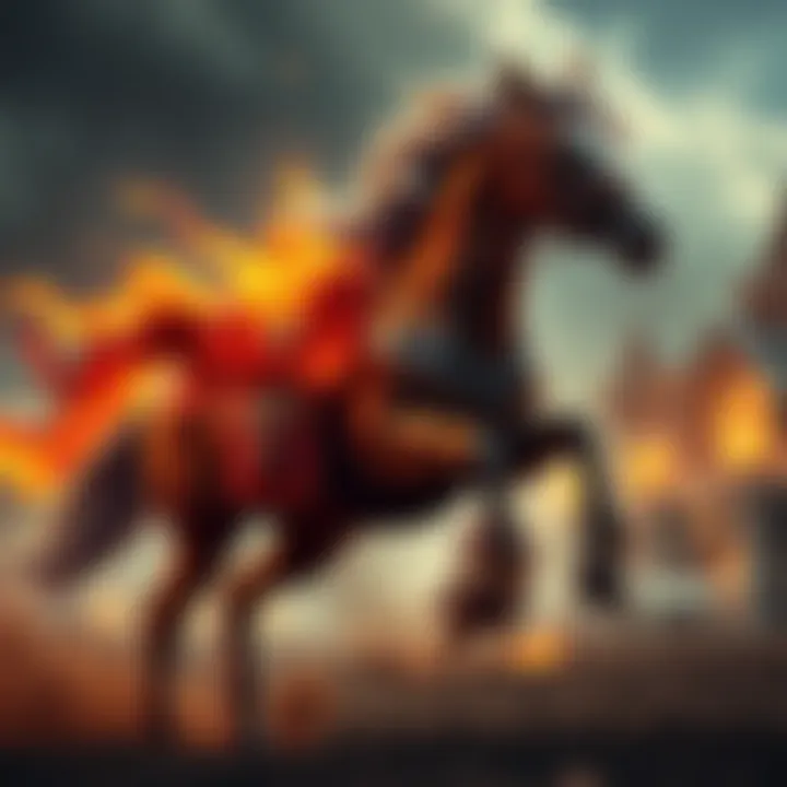 A fierce horse representing Doom charging forward with fire and energy, symbolizing LVL 6 Pain. The background hints at a fantasy battlefield.
