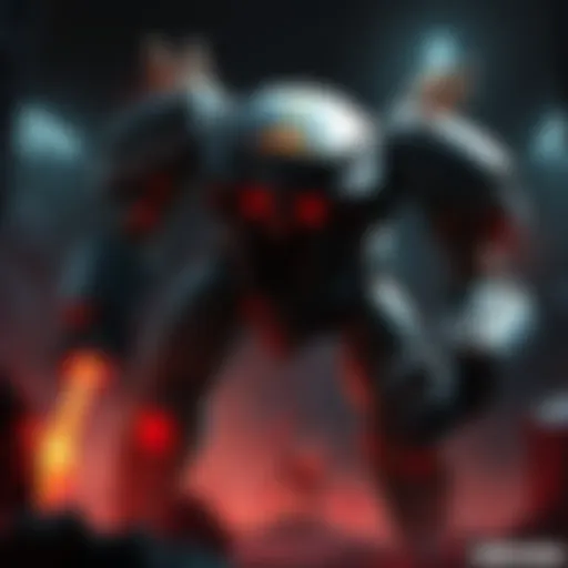 Artistic rendering of the Doom Mecha, showcasing its robotic design and intimidating features, surrounded by a dark, futuristic environment.