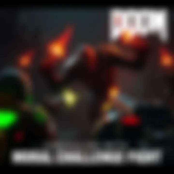 A player battles the Morale Challenge Boss in Doom: The Dark Ages, with dark surroundings filled with spawning enemies and health items.