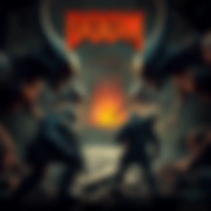 A dark, eerie setting inspired by Doom 3, featuring an armored soldier facing grotesque demons in a crumbling environment.