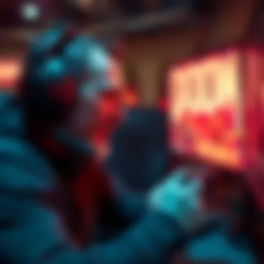 A gamer intensely focused on playing Doom, wearing headphones and gripping a controller, with game visuals on the screen behind them.