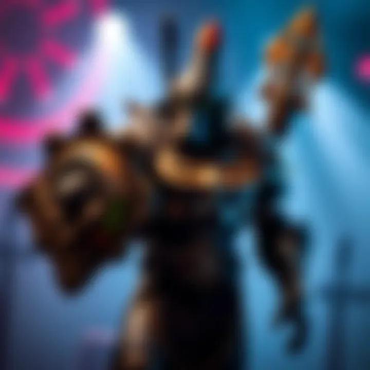 Cosplayer in full Doom Slayer armor showcasing a detailed shield and weapon during a performance