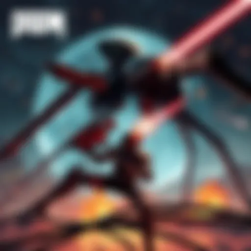 Doom Slayer vs Tripod Doom Slayer battling a giant Tripod alien from War of the Worlds in a dramatic scene
