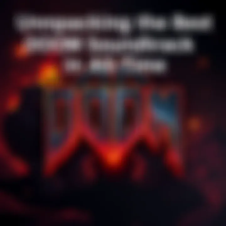 An illustration of the DOOM game logo with dark, fiery background, representing intense video game music.