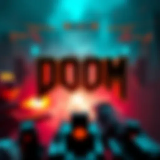 A screenshot showing a boomshoot game with a heads-up display similar to Doom, featuring health bars and weapon icons, showcasing intense action.