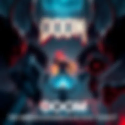 A dark and intense scene showcasing a fierce battle in the DOOM universe with demons and a powerful warrior.