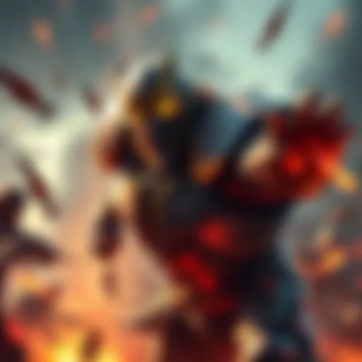 Doomfist, a powerful game character, using his abilities in battle against opponents, showcasing his strength and range.