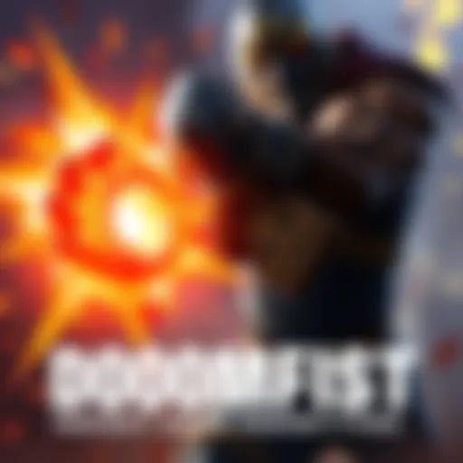 Doomfist in action Doomfist character from the game engaging in combat, showcasing a powerful punch and dynamic pose
