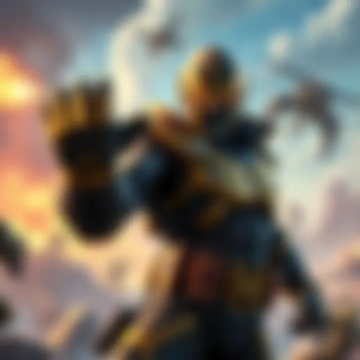 Doomfist striking a pose with his signature gauntlet, looking determined on a colorful battlefield
